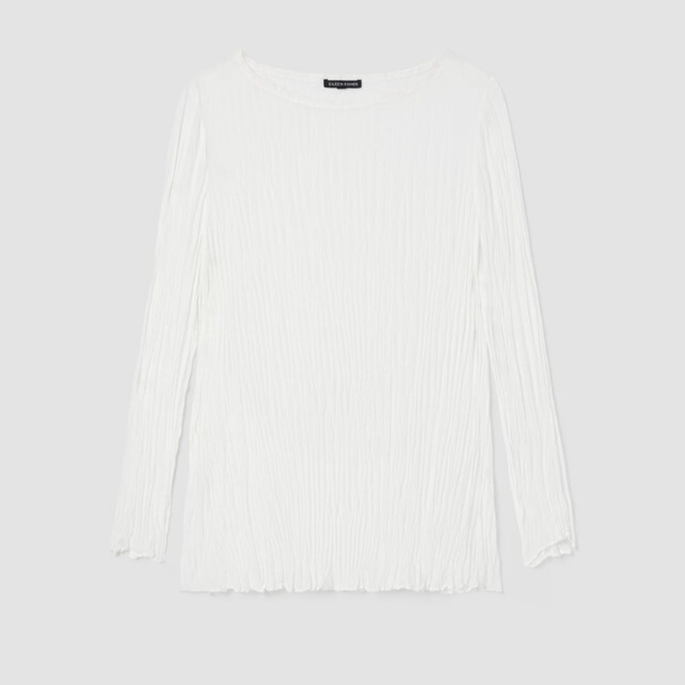 Eileen Fisher Long Sleeve White Crinkled Knit Round Neck Blouse